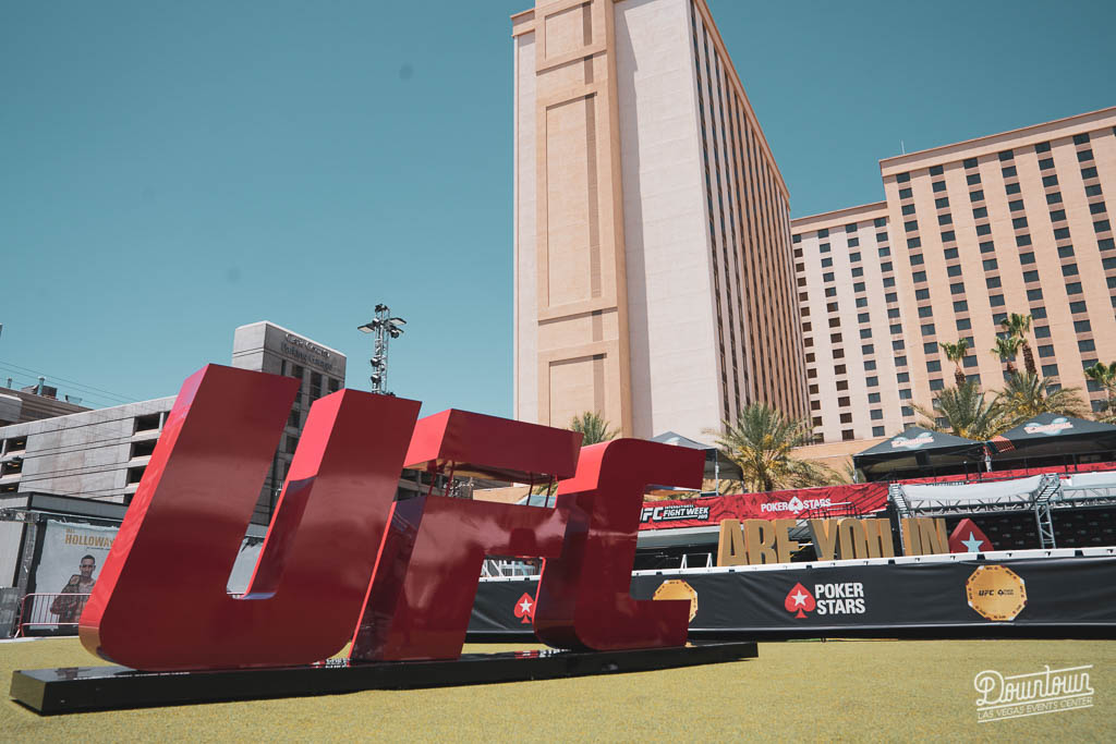 UFC in big red letters in front of the Downtown Las Vegas Events Center.