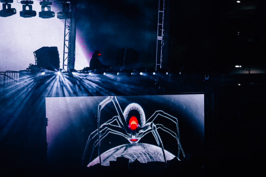 Rezz on stage with a spider graphic.